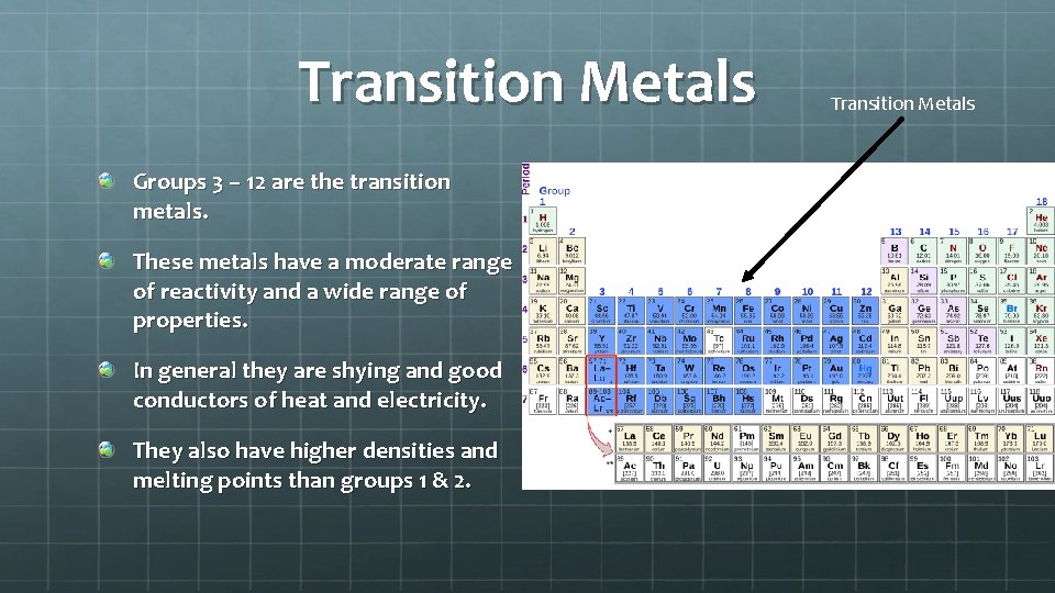 Transition Metals Groups 3 – 12 are the transition metals. These metals have a