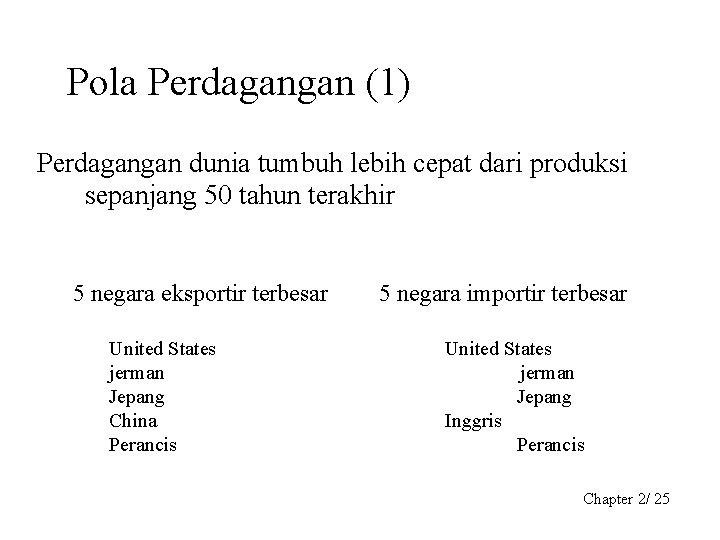 Pola Perdagangan (1) Perdagangan dunia tumbuh lebih cepat dari produksi sepanjang 50 tahun terakhir