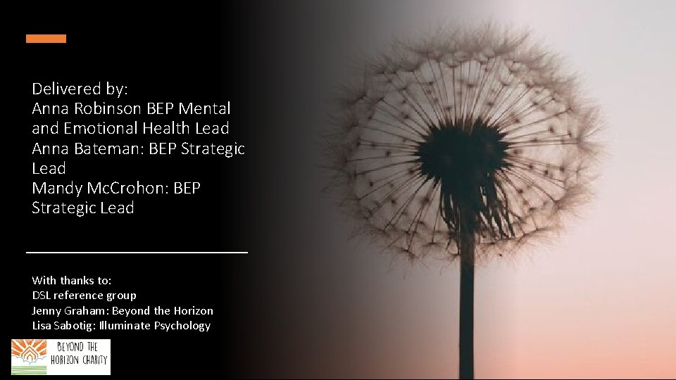 Delivered by: Anna Robinson BEP Mental and Emotional Health Lead Anna Bateman: BEP Strategic
