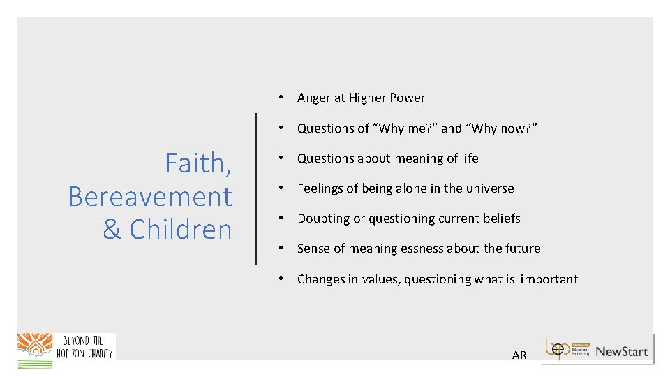  • Anger at Higher Power • Questions of “Why me? ” and “Why