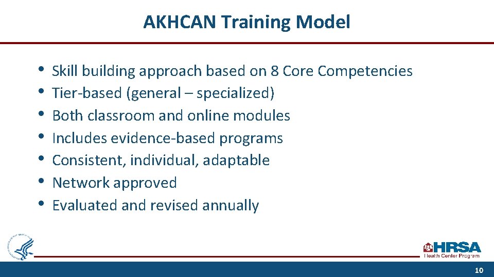 AKHCAN Training Model • • Skill building approach based on 8 Core Competencies Tier-based