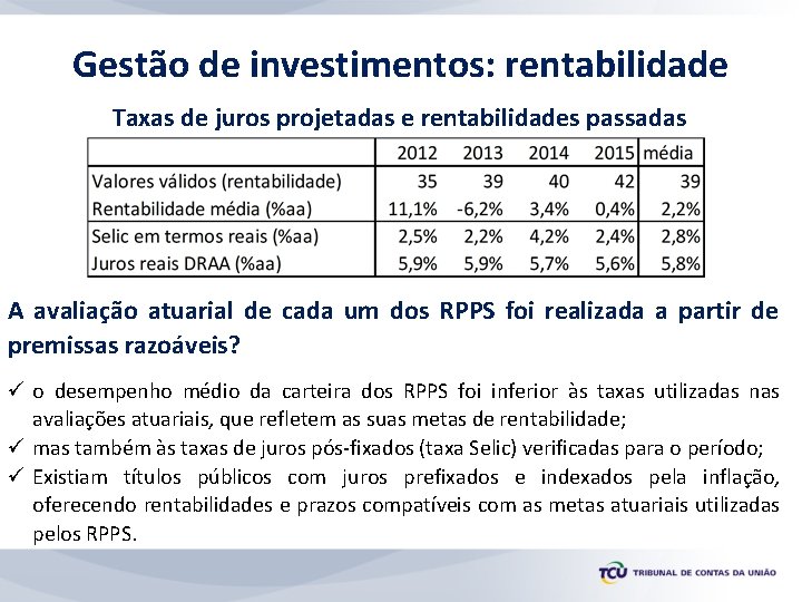 Gestão de investimentos: rentabilidade Taxas de juros projetadas e rentabilidades passadas A avaliação atuarial