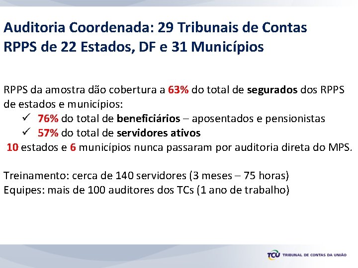 Auditoria Coordenada: 29 Tribunais de Contas RPPS de 22 Estados, DF e 31 Municípios