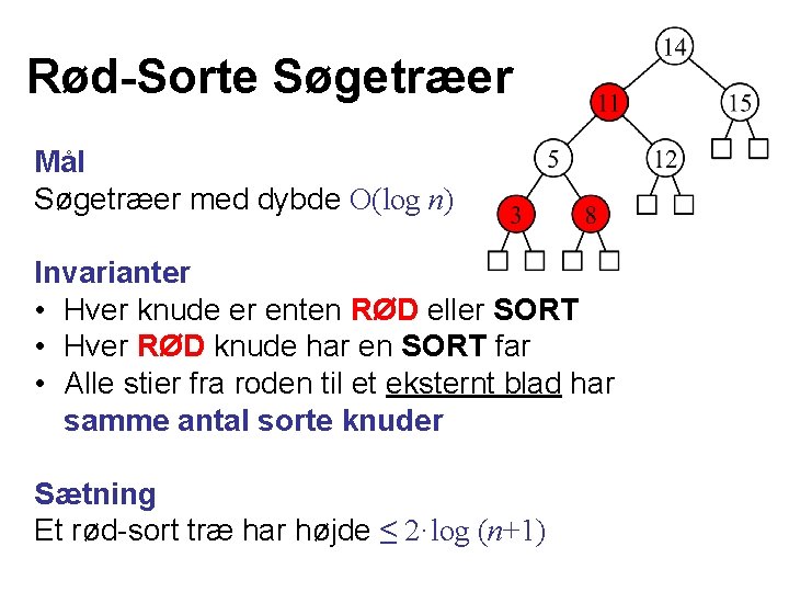 Rød-Sorte Søgetræer Mål Søgetræer med dybde O(log n) Invarianter • Hver knude er enten