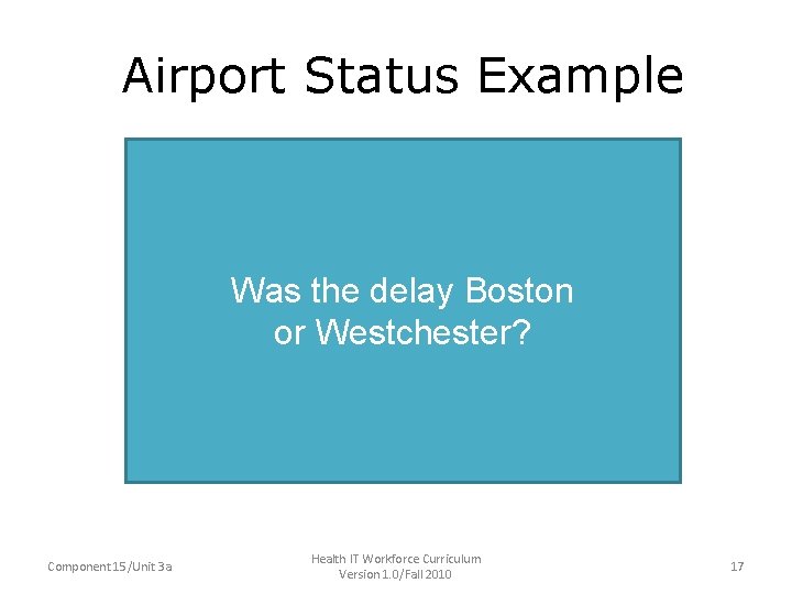 Airport Status Example Philadelphia • Was the Newark delay Boston or Westchester? On time