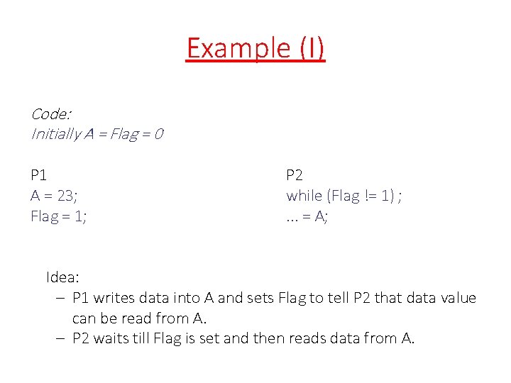 Example (I) Code: Initially A = Flag = 0 P 1 A = 23;