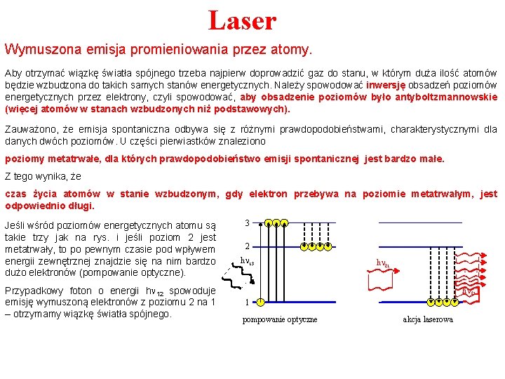 Laser Wymuszona emisja promieniowania przez atomy. Aby otrzymać wiązkę światła spójnego trzeba najpierw doprowadzić