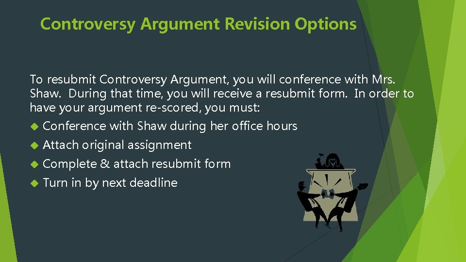 Controversy Argument Revision Options To resubmit Controversy Argument, you will conference with Mrs. Shaw.