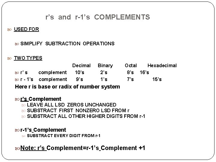 r’s and r-1’s COMPLEMENTS USED FOR SIMPLIFY SUBTRACTION OPERATIONS TWO TYPES r’ s r