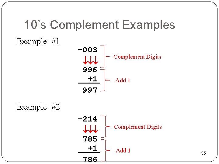 10’s Complement Examples Example #1 -003 996 +1 997 Complement Digits Add 1 Example