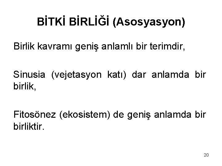 BİTKİ BİRLİĞİ (Asosyasyon) Birlik kavramı geniş anlamlı bir terimdir, Sinusia (vejetasyon katı) dar anlamda