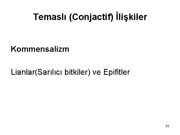 Temaslı (Conjactif) İlişkiler Kommensalizm Lianlar(Sarılıcı bitkiler) ve Epifitler 34 