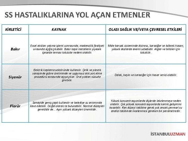 KİRLETİCİ Bakır Siyanür Florür KAYNAK OLASI SAĞLIK VE/VEYA ÇEVRESEL ETKİLERİ Evsel atıkları yakma işlemi