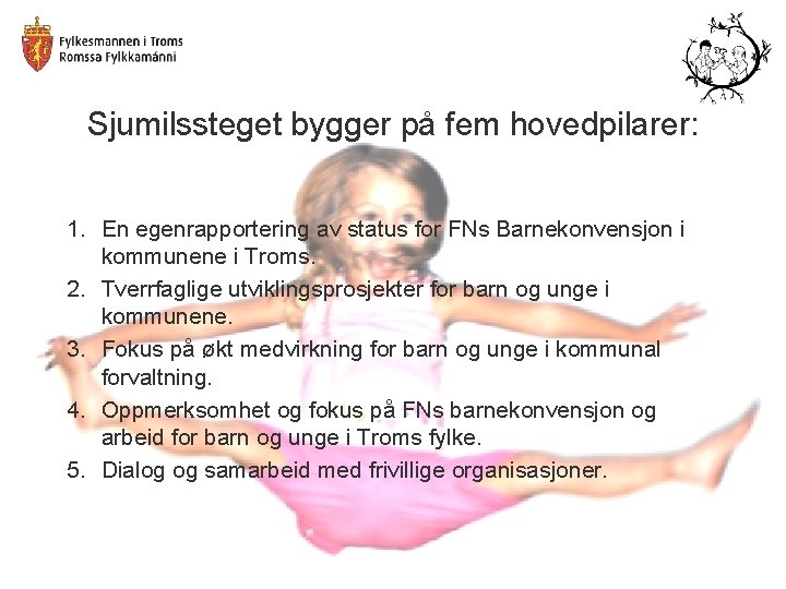 Sjumilssteget bygger på fem hovedpilarer: 1. En egenrapportering av status for FNs Barnekonvensjon i