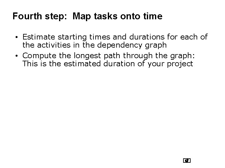 Fourth step: Map tasks onto time • Estimate starting times and durations for each