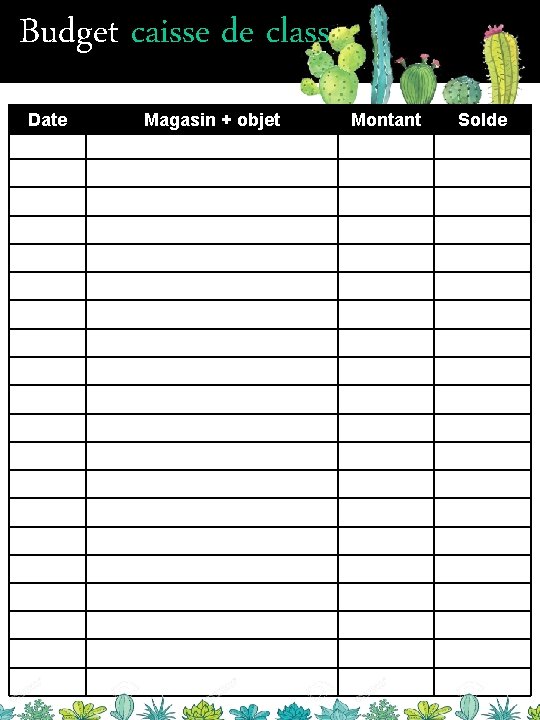 Budget caisse de classe Date Magasin + objet Montant Solde 