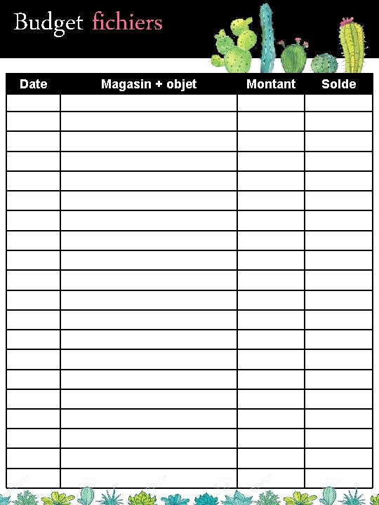 Budget fichiers Date Magasin + objet Montant Solde 