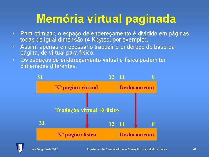 Memória virtual paginada • Para otimizar, o espaço de endereçamento é dividido em páginas,