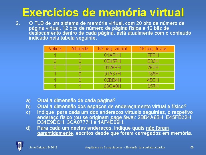 Exercícios de memória virtual 2. O TLB de um sistema de memória virtual, com
