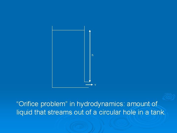 h v “Orifice problem” in hydrodynamics: amount of liquid that streams out of a