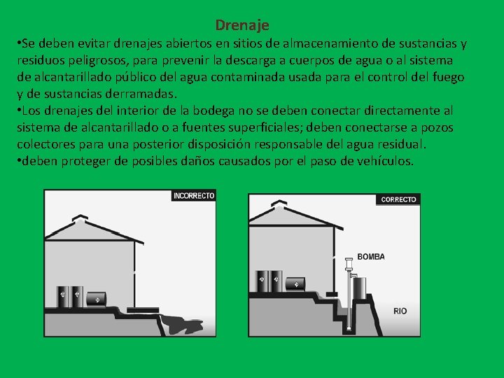Drenaje • Se deben evitar drenajes abiertos en sitios de almacenamiento de sustancias y