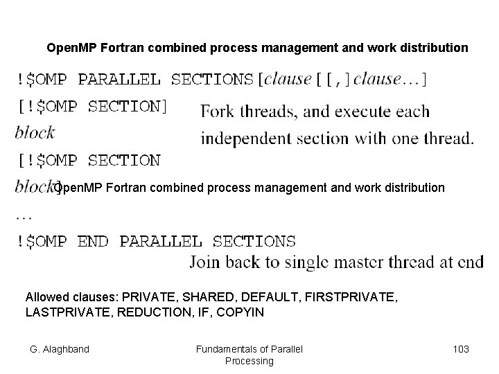 Open. MP Fortran combined process management and work distribution Allowed clauses: PRIVATE, SHARED, DEFAULT,