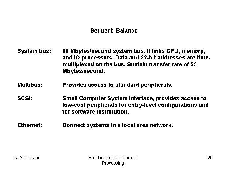 Sequent Balance System bus: 80 Mbytes/second system bus. It links CPU, memory, and IO