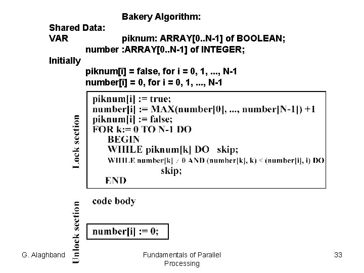 Bakery Algorithm: Shared Data: VAR piknum: ARRAY[0. . N-1] of BOOLEAN; number : ARRAY[0.