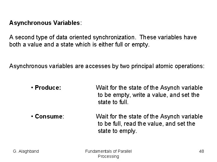 Asynchronous Variables: A second type of data oriented synchronization. These variables have both a