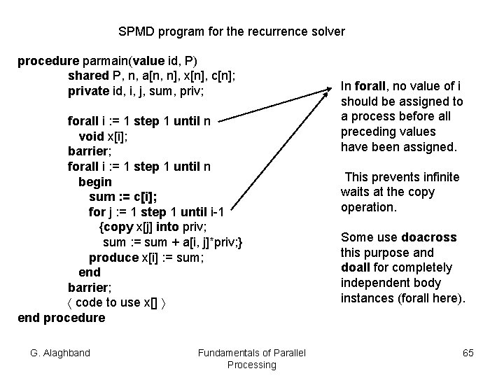 SPMD program for the recurrence solver procedure parmain(value id, P) shared P, n, a[n,