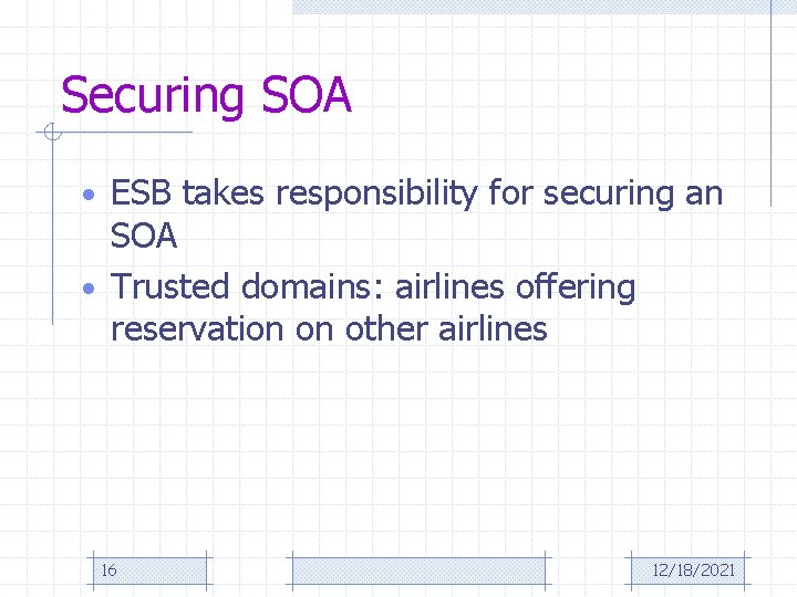 Securing SOA • ESB takes responsibility for securing an SOA • Trusted domains: airlines