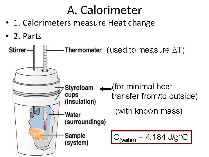A. Calorimeter • 1. Calorimeters measure Heat change • 2. Parts (used to measure