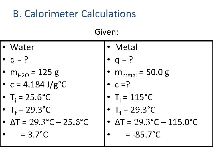 B. Calorimeter Calculations Given: • • Water q=? m. H 2 O = 125