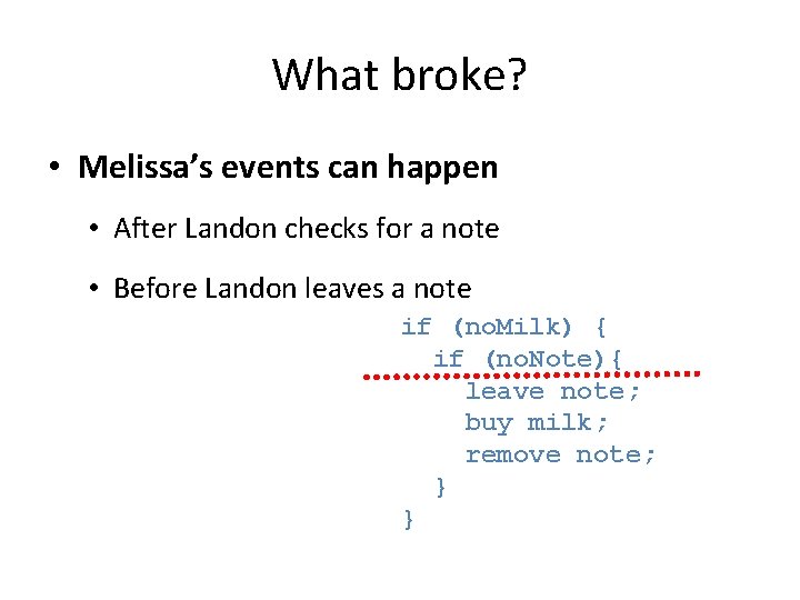 What broke? • Melissa’s events can happen • After Landon checks for a note