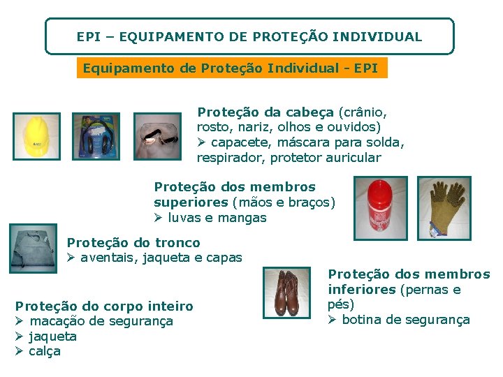 EPI – EQUIPAMENTO DE PROTEÇÃO INDIVIDUAL Equipamento de Proteção Individual - EPI Proteção da