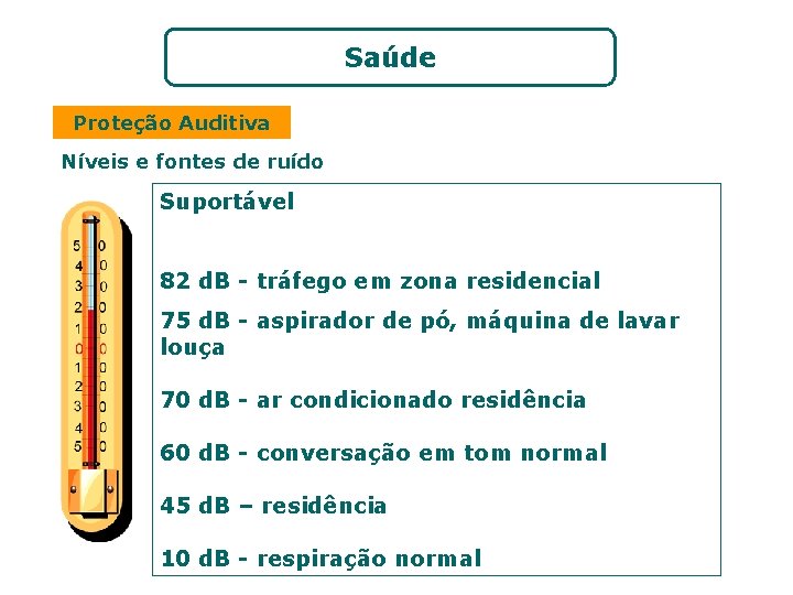 Saúde Proteção Auditiva Níveis e fontes de ruído Suportável 82 d. B - tráfego