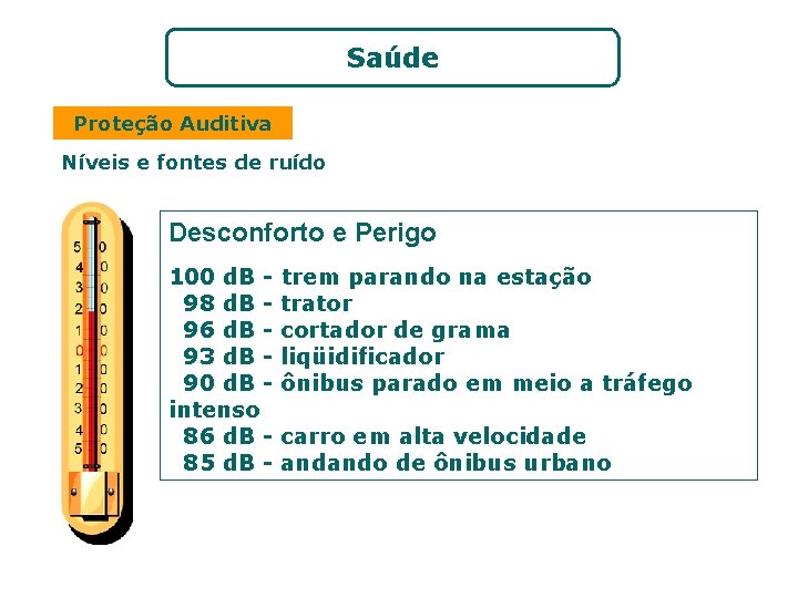 Saúde Proteção Auditiva Níveis e fontes de ruído Desconforto e Perigo 100 d. B