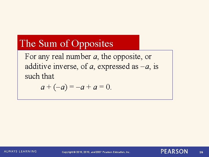 The Sum of Opposites For any real number a, the opposite, or additive inverse,