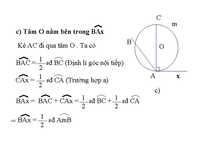 C c) Tâm O nằm bên trong BAx Kẻ AC đi qua tâm O.