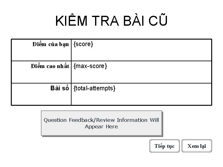 KIỂM TRA BÀI CŨ Điểm của bạn {score} Điểm cao nhất {max-score} Bài số