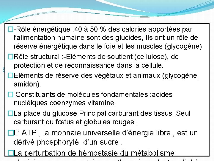 �-Rôle énergétique : 40 à 50 % des calories apportées par l’alimentation humaine sont