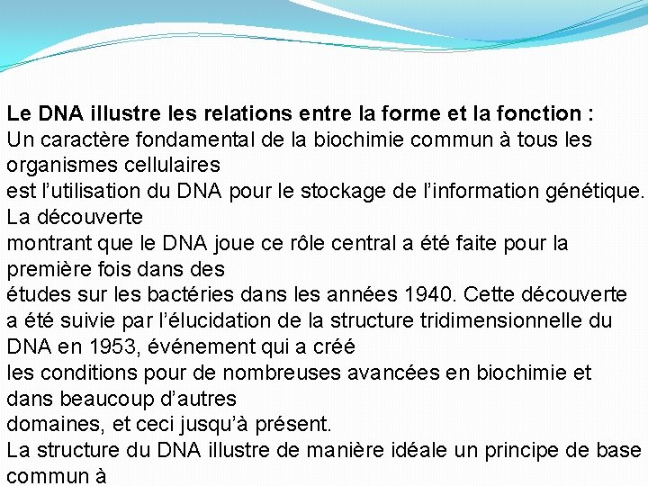 Le DNA illustre les relations entre la forme et la fonction : Un caractère