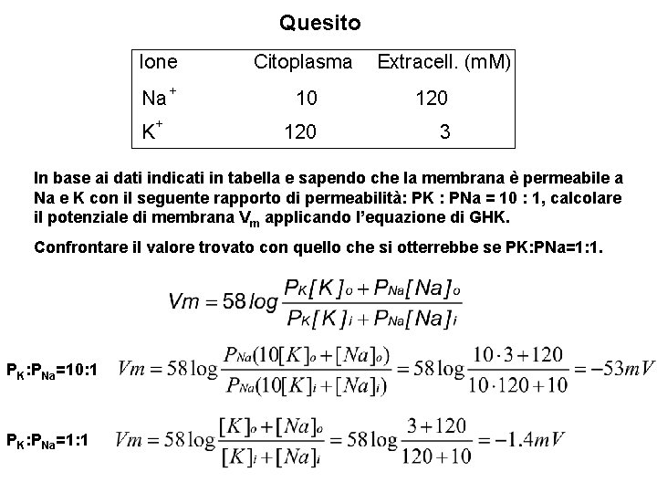 Quesito Ione Citoplasma Na + 10 120 3 K+ Extracell. (m. M) In base