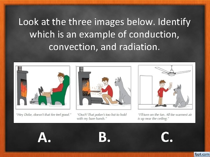 Look at the three images below. Identify which is an example of conduction, convection,