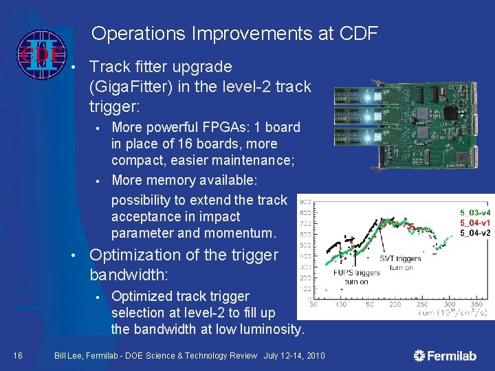 Operations Improvements at CDF • Track fitter upgrade (Giga. Fitter) in the level-2 track