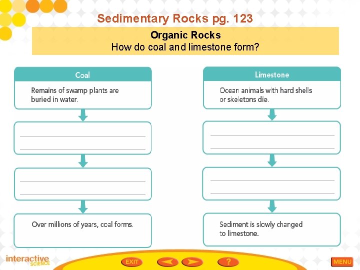 Sedimentary Rocks pg. 123 Organic Rocks How do coal and limestone form? 