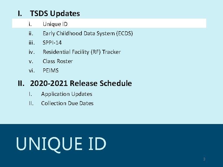 I. TSDS Updates i. iii. iv. v. vi. Unique ID Early Childhood Data System