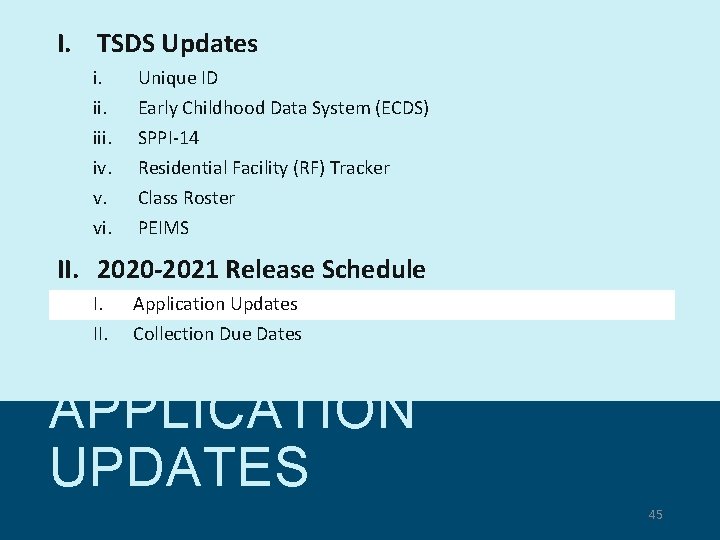 I. TSDS Updates i. iii. iv. v. vi. Unique ID Early Childhood Data System