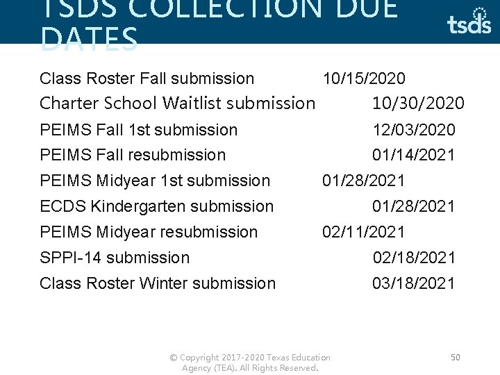 TSDS COLLECTION DUE DATES Class Roster Fall submission 10/15/2020 Charter School Waitlist submission 10/30/2020