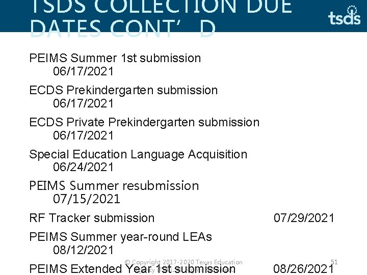 TSDS COLLECTION DUE DATES CONT’D PEIMS Summer 1 st submission 06/17/2021 ECDS Prekindergarten submission